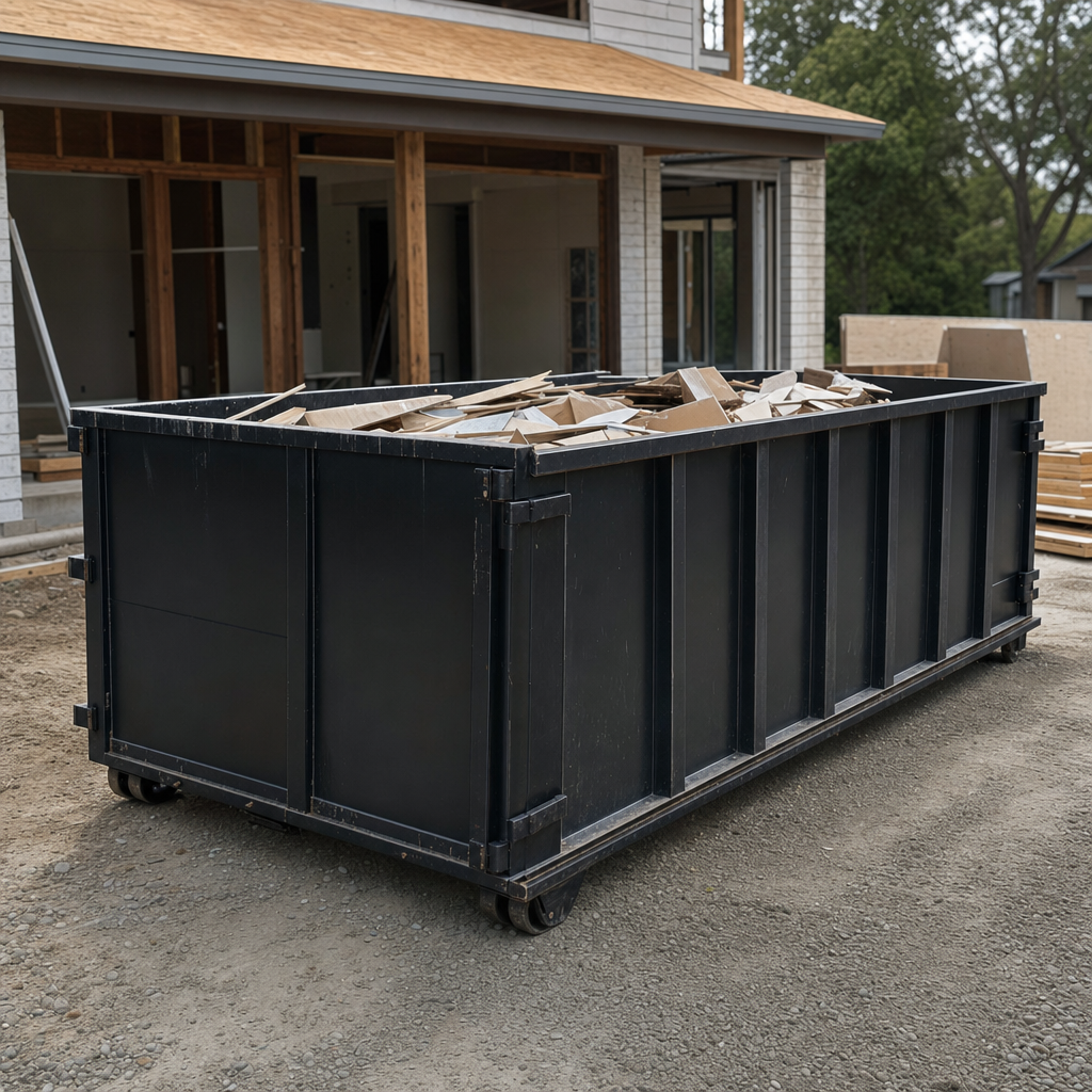 Large matte-black 30-yard construction roll-off dumpster at an active Peyton jobsite, steel-gray top rails and bottom rollers visible, loaded with construction debris.
