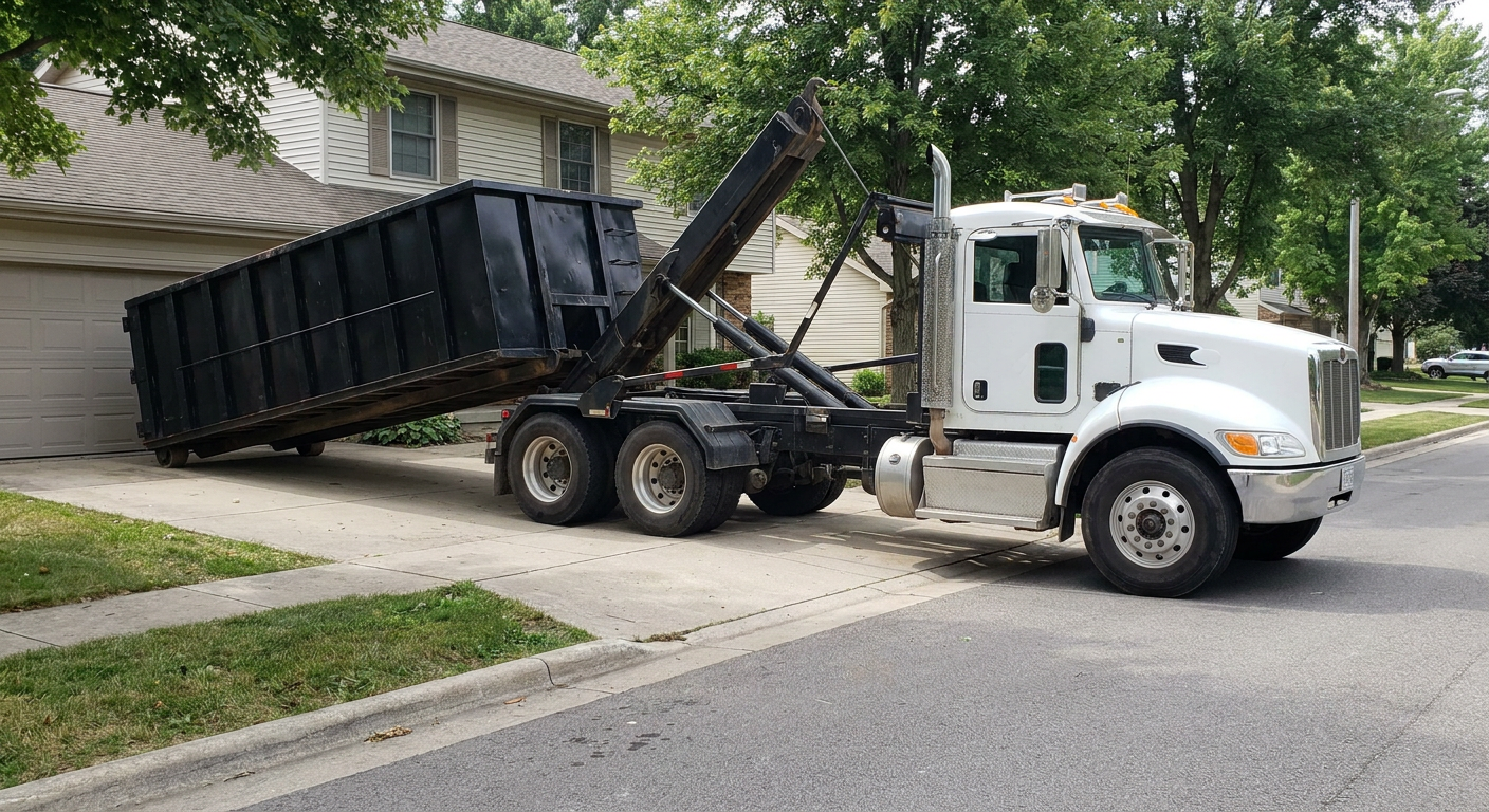 White-cab hooklift roll-off truck actively lowering a matte-black dumpster onto a Peyton residential concrete driveway, the dumpster's rear wheels touching the driveway as the hoist arm tilts the bed forward, mid-morning daylight.