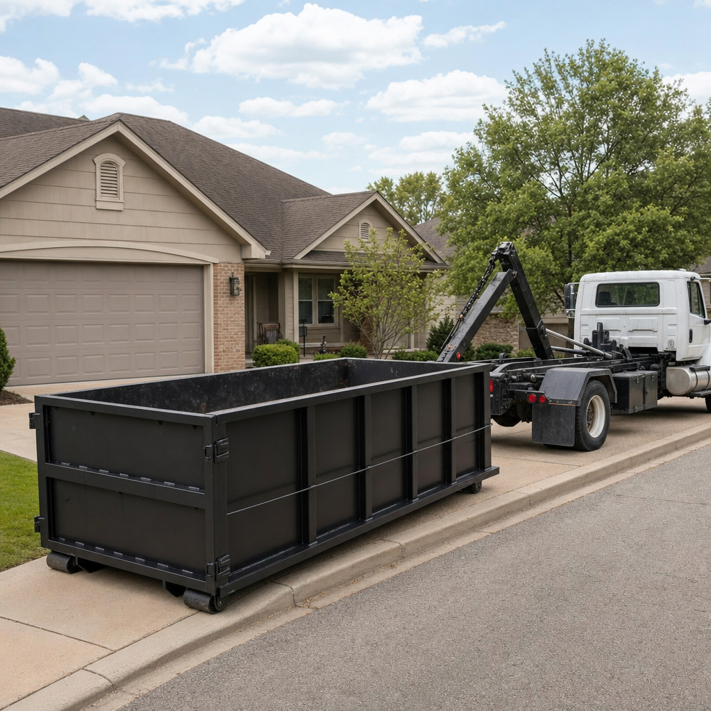 Wide documentary shot of a matte-black roll-off dumpster on a Peyton residential driveway in the foreground and a contractor jobsite container in the soft-focus background, bright daylight, calm and orderly composition.