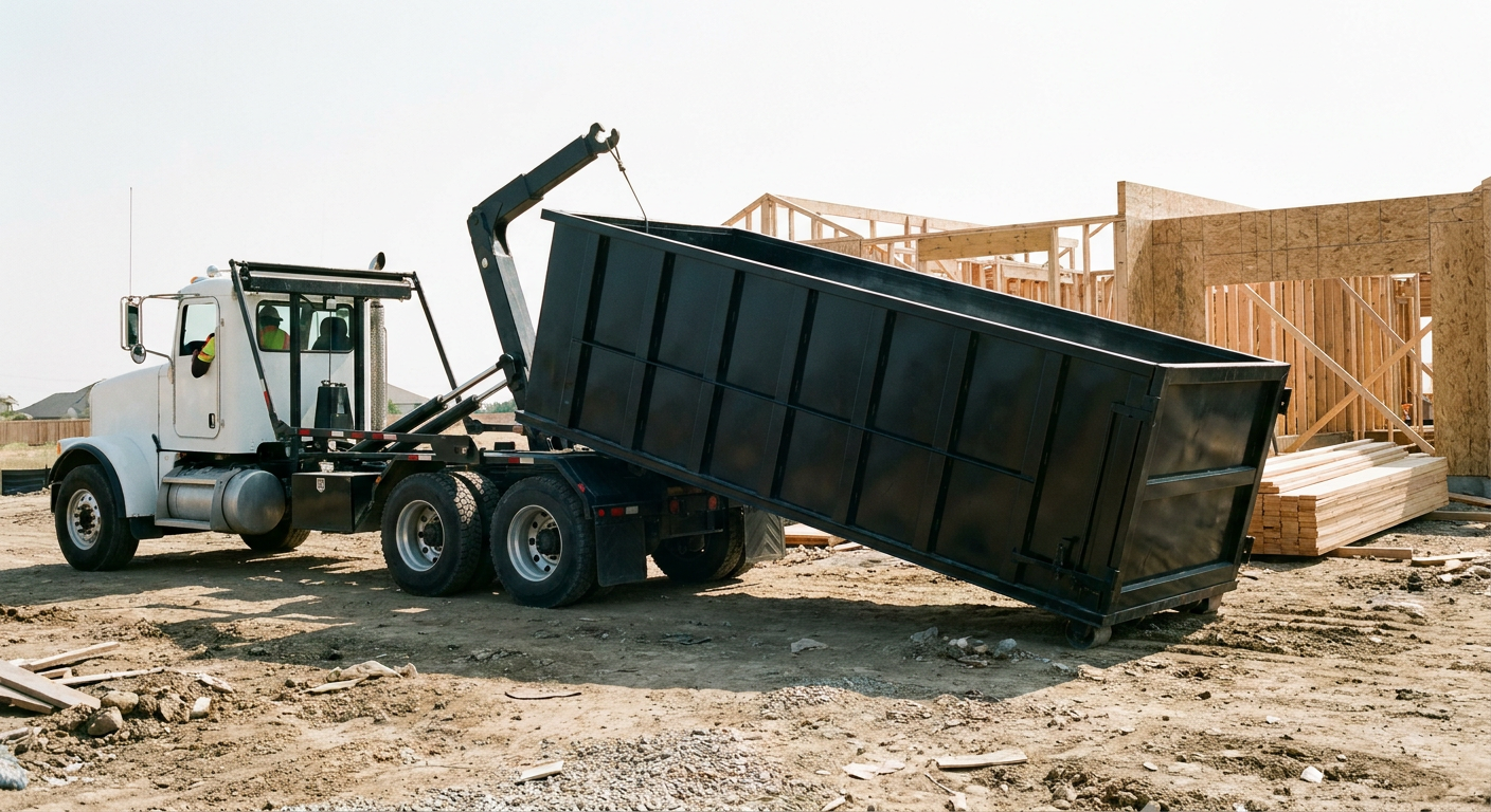Matte-black roll-off dumpster being delivered onto a clean residential concrete driveway in Peyton by an unmarked white hooklift hauler truck, bright morning daylight, documentary 35mm perspective.